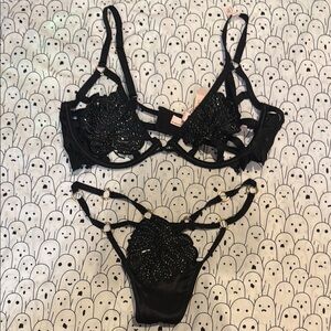 Elegant Black Rhinestone Beaded Lingerie Set 36C / Medium